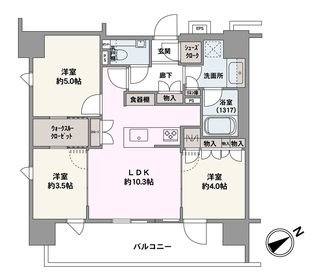 LDKを中心に、3つの洋室が配置された、ファミリーにもおすすめの間取り。キッチンは対面式で、会話を楽しみながら料理ができます。適材適所に設置された多彩な収納で、すっきりとした暮らしを実現可能です。