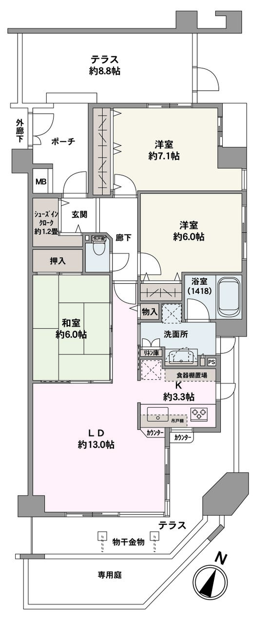 テラスが2か所設けられた角住戸。全居室6.0帖以上のゆとりある広さです。SICやリネン庫など室内の随所に収納が備わり、住空間を有効に使えます。
