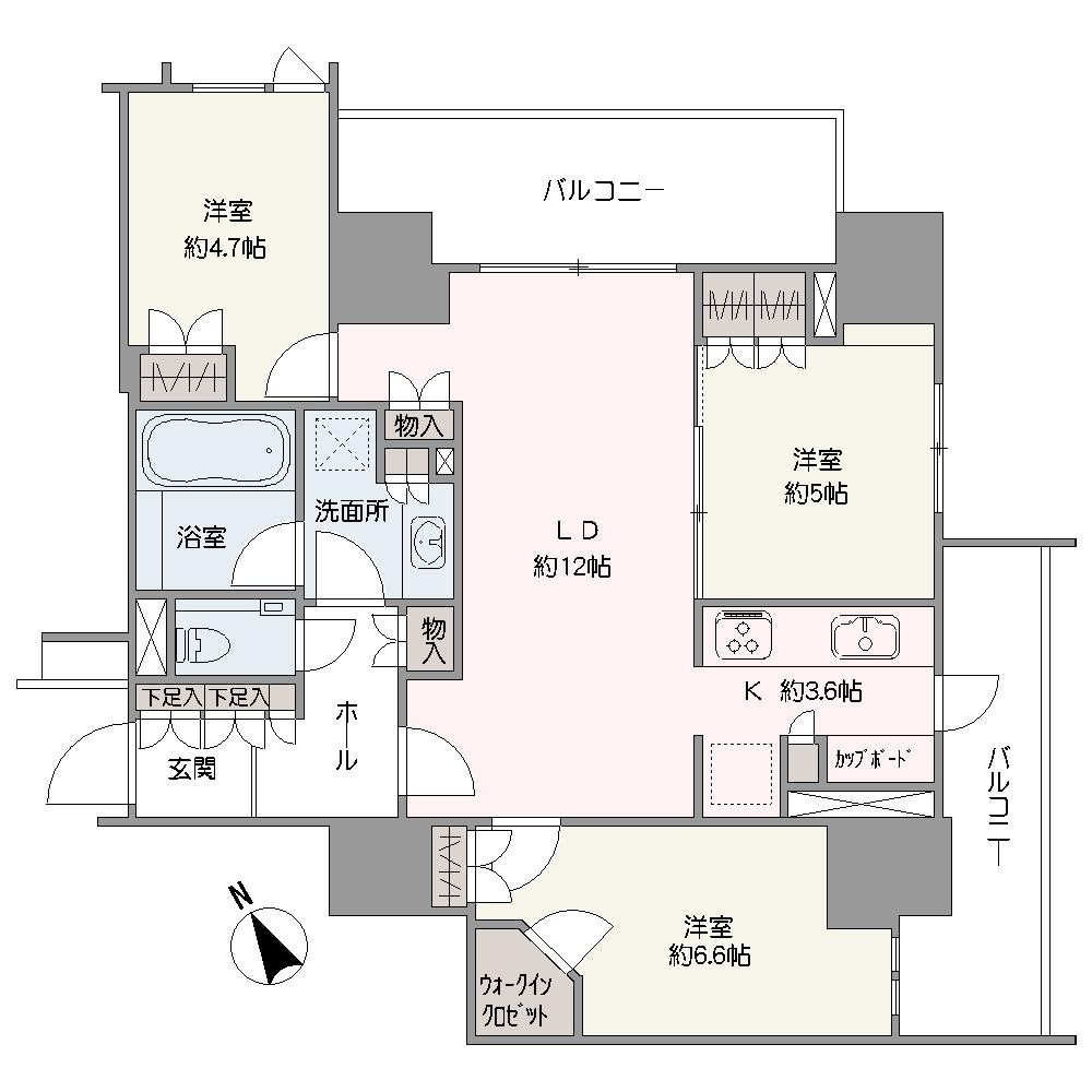 南東・北東の2面バルコニーが備わった「3LDK」です。独立性が高く、プライバシーを確保しやすい角住戸。トランクルームやWICなど、随所に設けられた豊富な収納も魅力です。