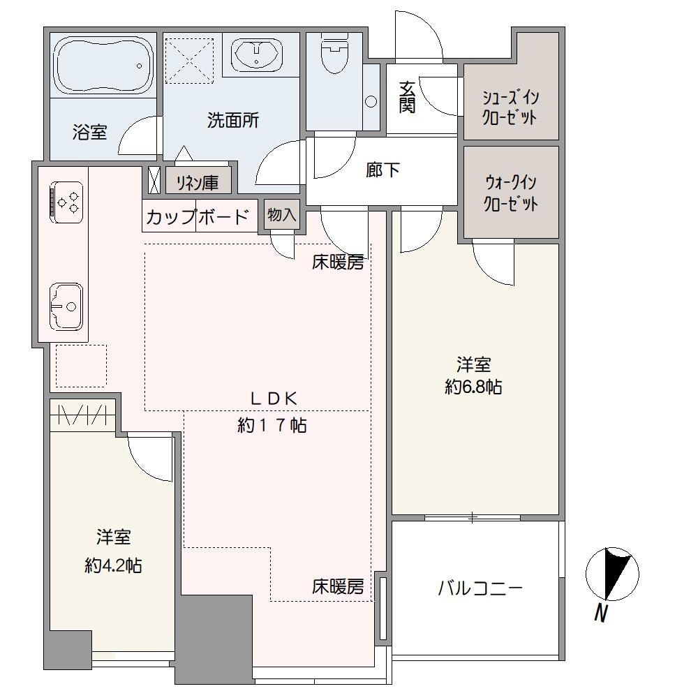  31階部分の開放的な「2LDK」の住まいです。全居室、掃除やお手入れがしやすいフローリング仕様ため、ペットとの暮らしにもおすすめ。カップボードやWIC、SICなど収納スペースが充実しています。