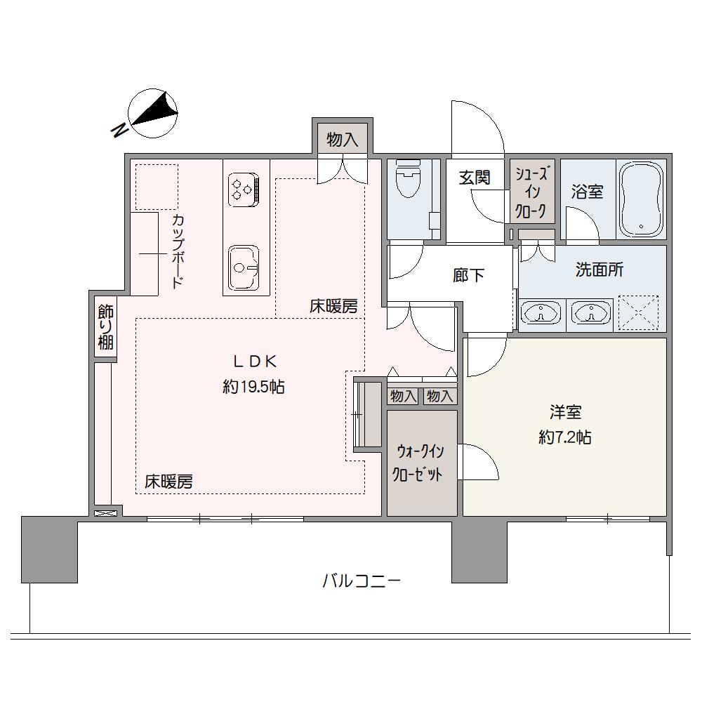 全居室がバルコニーに面した住まい。LDには床暖房や飾り棚が設置されています。SICやWICなど室内の随所に収納が備わり、住空間をすっきりと保ちやすい設計です。