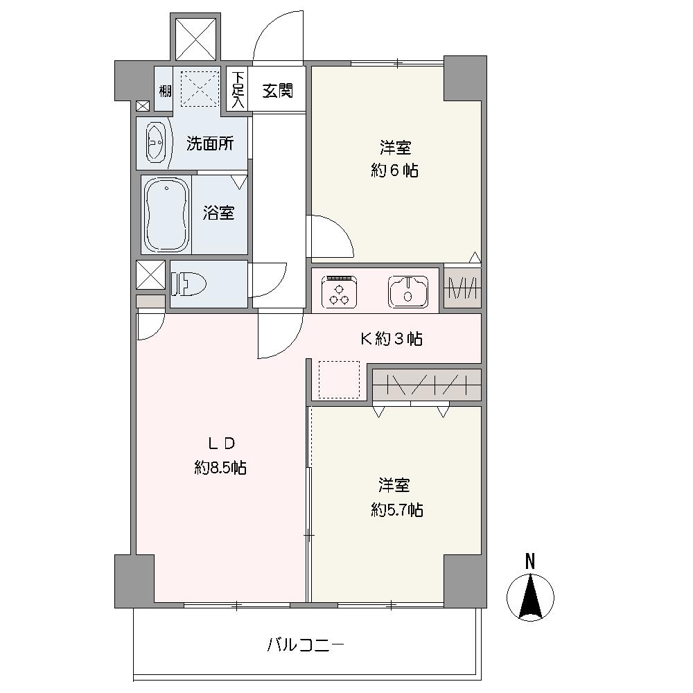 地上9階建ての3階部分。洋室2部屋が備わった「2LDK」の住まいです。全居室に収納が設けられており、居住空間を広く使える間取りです。