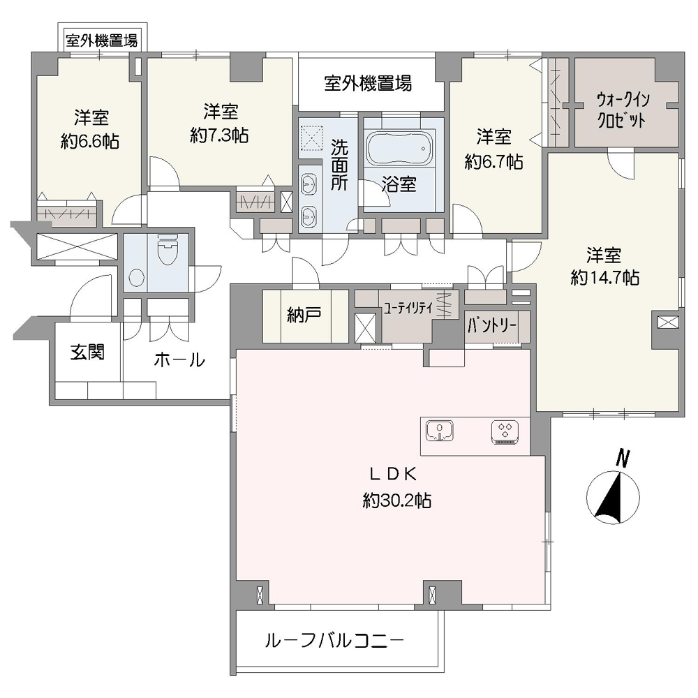 地上5階建の3階部分、「4LDK」の住まい。全居室6.6帖超、LDK約30.2帖と、プライベート空間もリビングもゆとりある広さ。WICやユーティリティ、パントリーが設けられ、豊富な収納も魅力です。