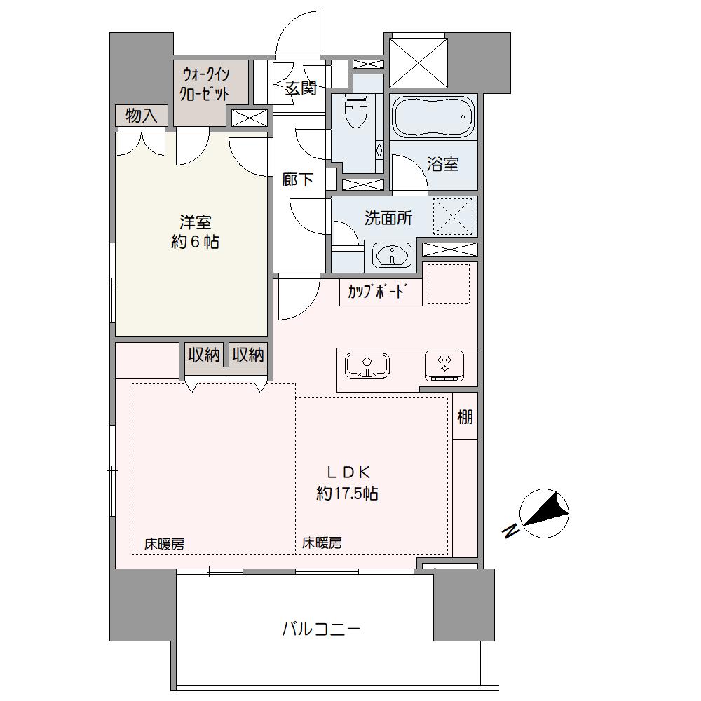 LDK約17.5帖、洋室約6帖とゆとりをもたせた居住スペース。各居室に収納が備わっているため、掃除用具や日用品をすっきりと収納でき、住空間を有効に使うことができます。