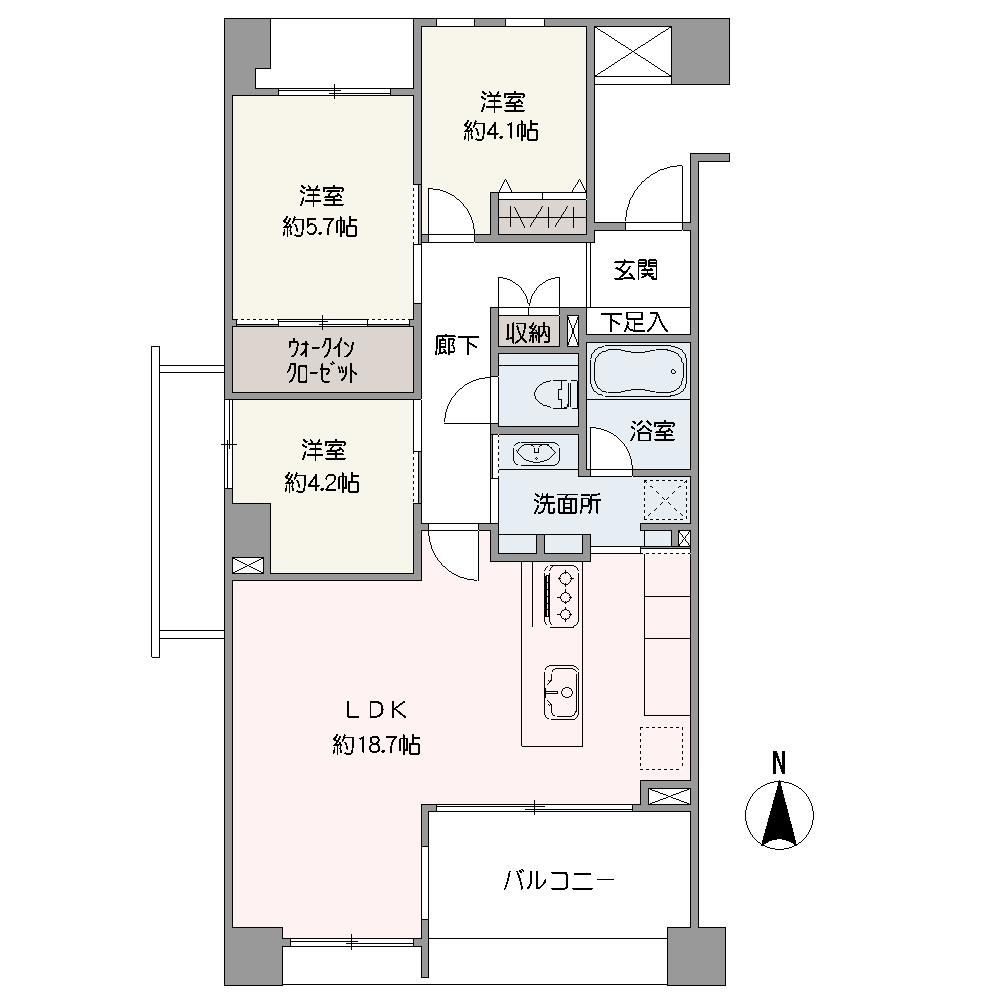 南向き三方角部屋で陽当り・通風良好です。洗面室にはキッチンと廊下の両方から出入り可能で家事動線良好です。アルコーブ付きなので、外から室内が見えにくくプライバシーが確保されています。