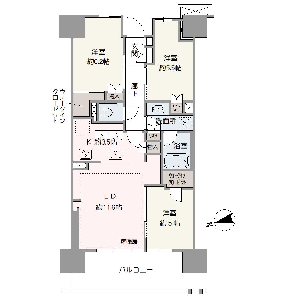 全居室収納付きの3LDK。リビング・ダイニングには床暖房が設けられ、足元から室内を暖めてくれます。地上15階建の4階部分に位置した住まいです。