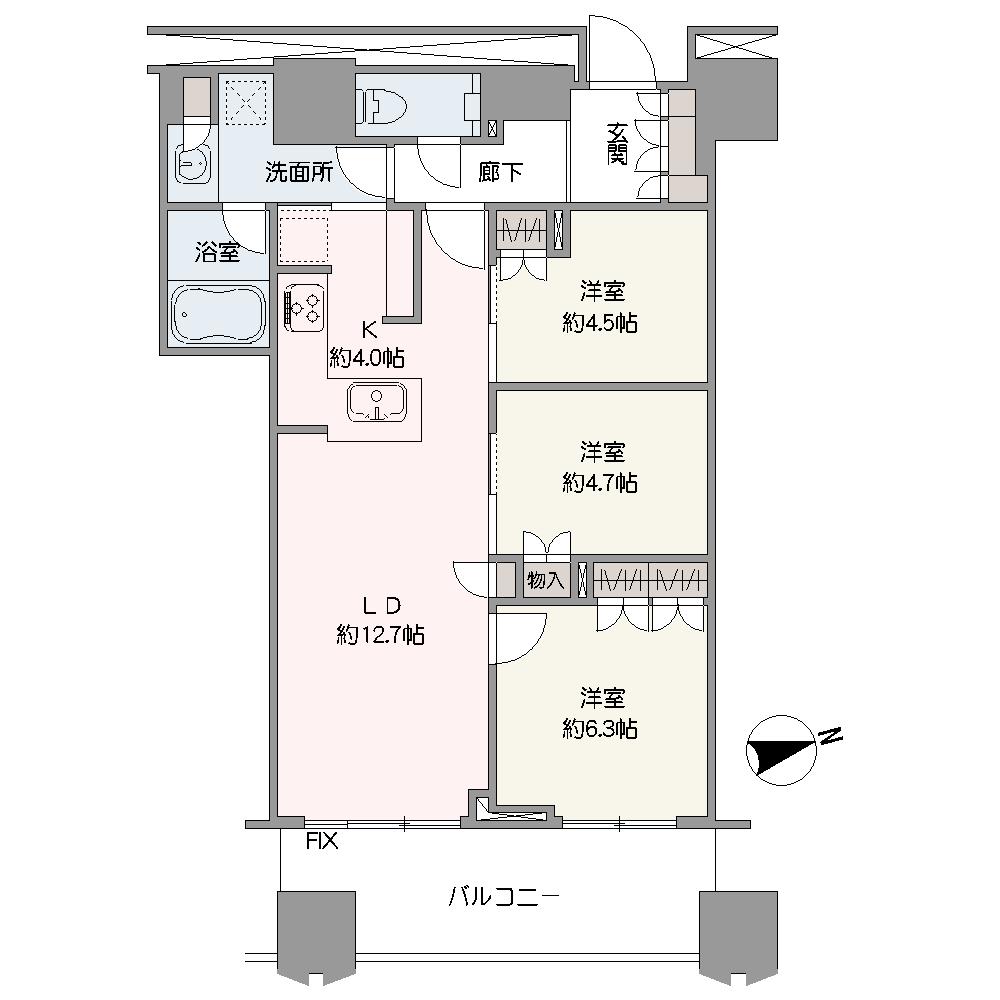 LDKに洋室3部屋が隣接した、ご家族とコミュニケーションがとりやすいレイアウトです。洗面所は廊下とキッチンから出入りすることができ、生活・家事動線がスムーズ。全居室収納付きです。