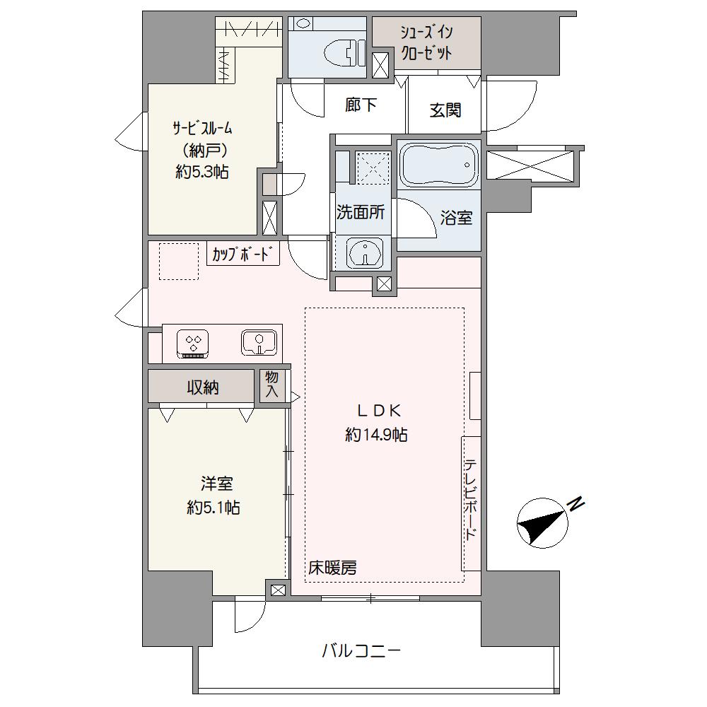 多用途に使えるサービスルームが付いた1SLDKの間取り。東南・南西角住戸につき気持ちの良い風が通ります。全居室に設けられた豊富な収納スペースが魅力です。