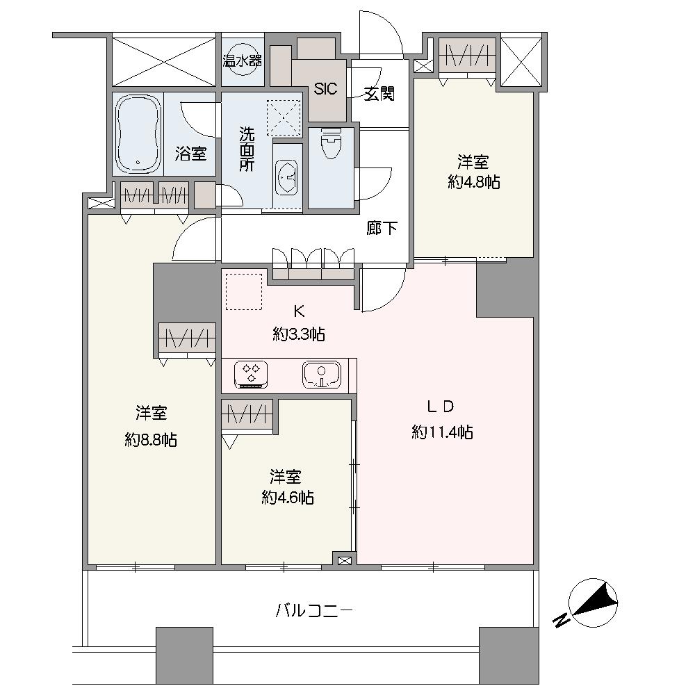 北西向きのバルコニー付きの「3LDK」。3部屋がバルコニーに面し、やわらかな陽光が差し込みます。玄関から室内が見えにくく、外からのプライバシーが守られやすい設計です。