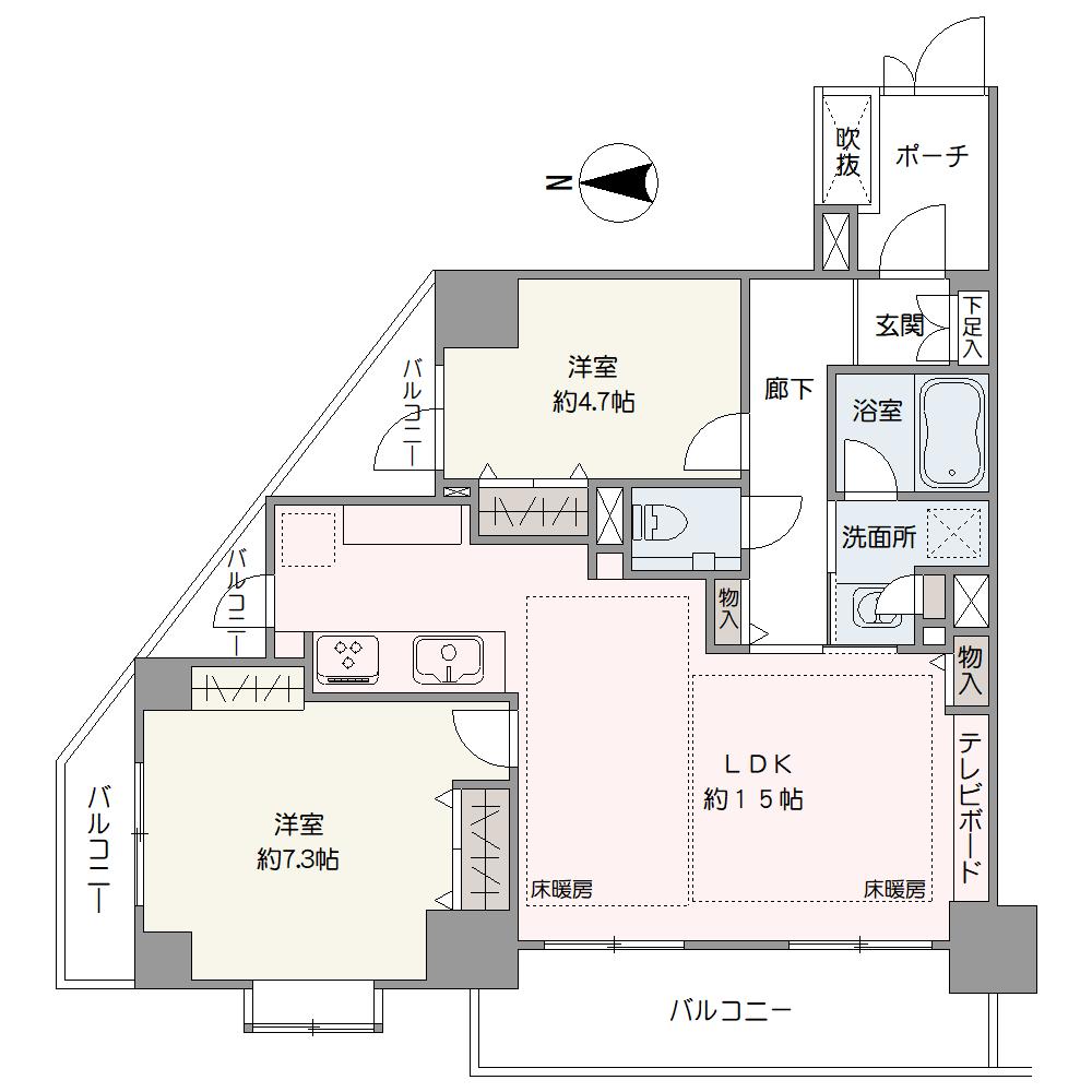 収納豊富な2LDKの住まい。全居室がバルコニーに面している、通風良好な角部屋です。2026年7月にフルリノベーション済み。気持ちよく新生活がスタートできます。