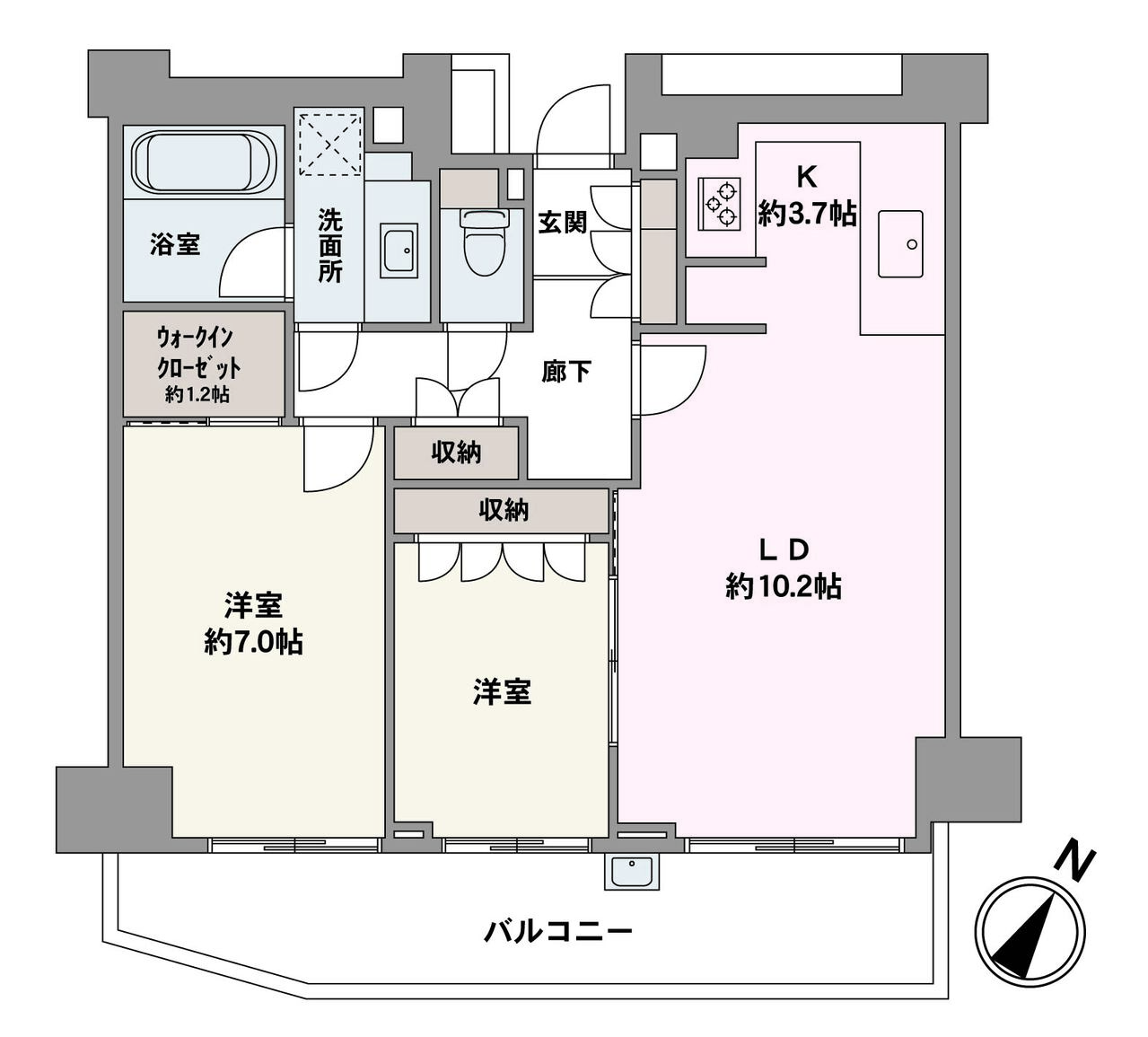 全居室が南東向きのバルコニーに面した、明るい住居です。収納豊富なコの字型キッチンが魅力的。LDに隣接する洋室の引き戸を開放すれば、一体利用も可能。ライフスタイルに合わせて活用できます。