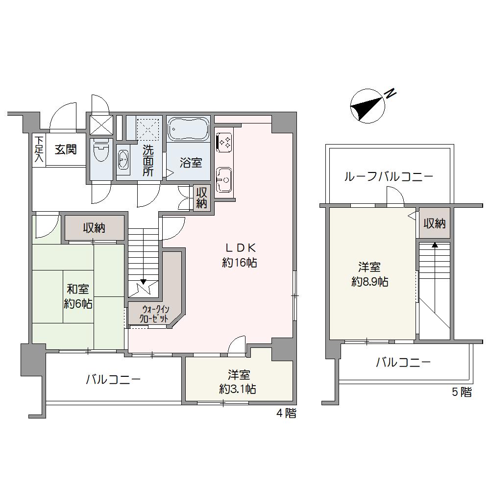 4階と5階に位置するメゾネットタイプのお部屋です。各階にバルコニーが設けられ、気持ち良い風が通り抜けます。WICや廊下収納など、随所に収納が備わっており、居住空間を広く使うことが可能です。