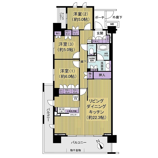 角住戸、オールフローリングプランの間取り