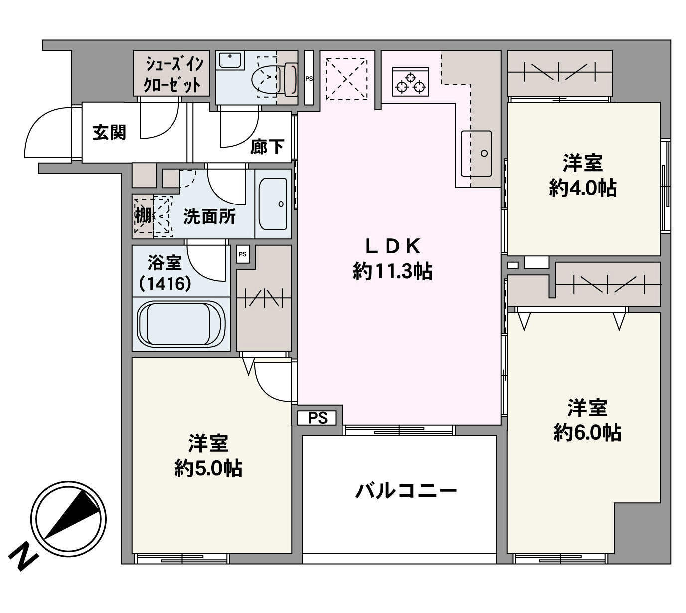 LDKを通り各洋室にアクセスする間取り。食器洗乾燥機や浴室乾燥機などの設備や、SICやクローゼットなど、室内各所に収納が設けられています。全居室窓付きのため、空気の入れ替えもスムーズに行えそうです。