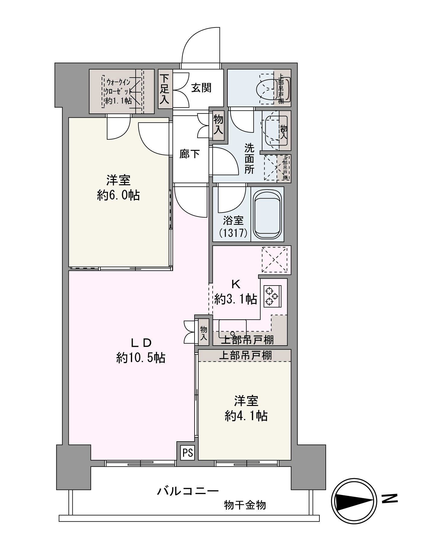 【間取図】LDKは約13.6帖。洋室2部屋が隣接し、一体利用も可能です。キッチンは作業動線がコンパクトで、家事が捗るL字型が採用されています。WICをはじめ、室内各所に豊富な収納スペースあり。