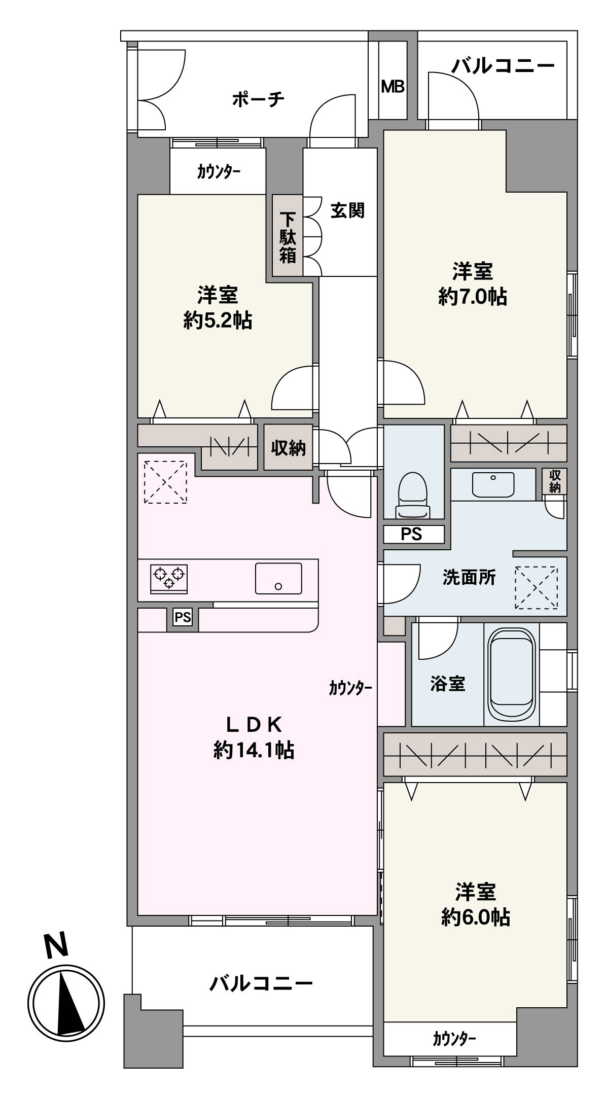 専用ポーチ付き。キッチン、洗面室、浴室が近くに配置され、家事動線良好です。南・北側の両面バルコニー。洋室約7.0帖と約6.0帖が二面採光です。