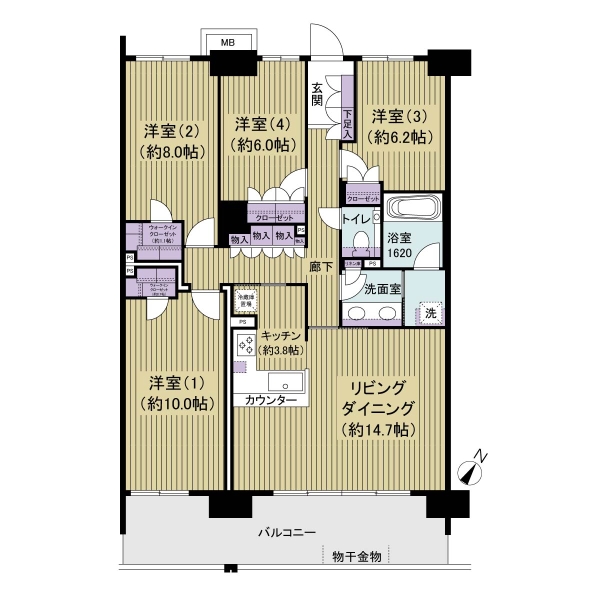 最上階・4LDK・オールフローリングプランの間取です