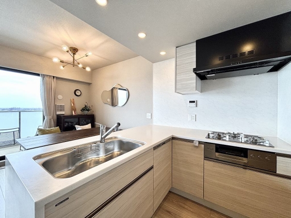 オープンカウンターキッチンにはカップボード・食洗機・浄水器を完備