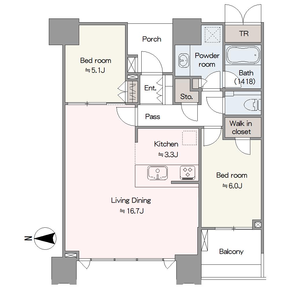 LDKに洋室約5.1帖が隣接した間取り設計。廊下のスペースを多く取らないことで、ゆとりある居住スペースを確保しています。独立性の高い専用ポーチがあります。