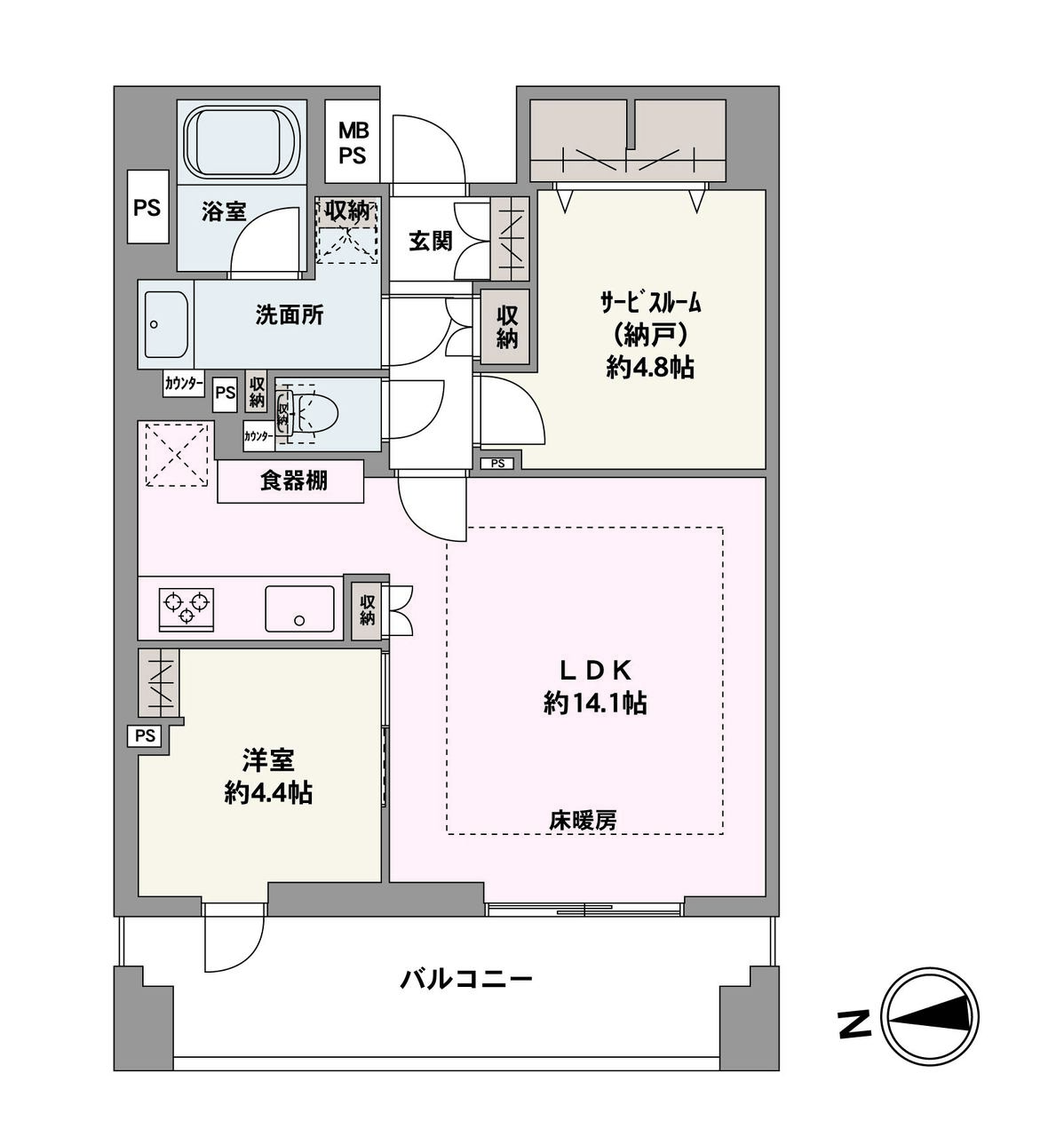 室内の随所に収納が備わり、住空間を有効に使える設計です。約14.1帖のLDKには床暖房が設置されています。2026年6月リノベーション完了予定。