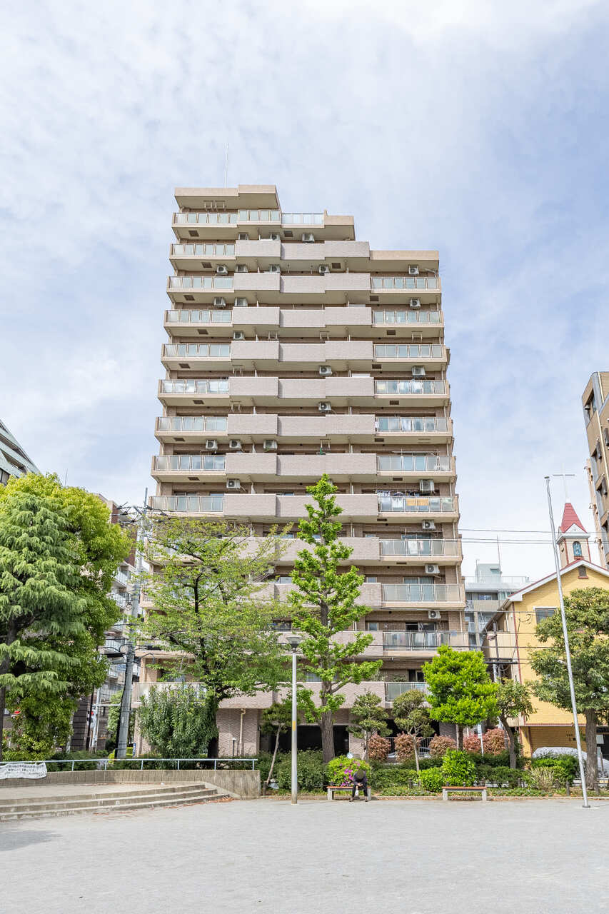 【現地外観写真】緑が映える、ナチュラルブラウンの外観です。商業地域に位置しています。