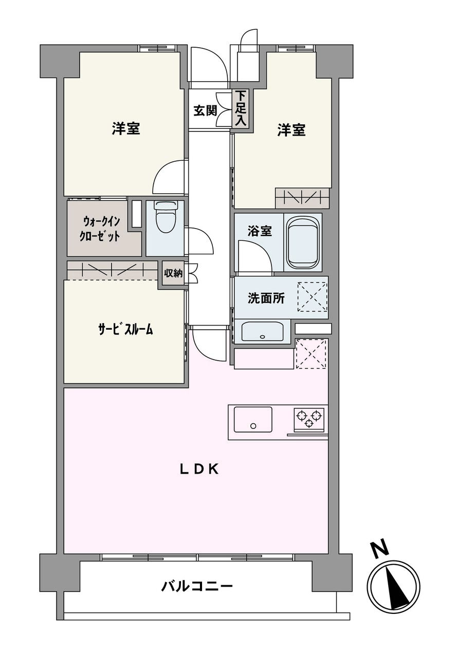 南西向きバルコニーに面しており陽当り良好。2部屋の洋室のほか、フレキシブルに活用できるサービスルームも設けられています。WICなど、室内各所に収納があり、住空間をすっきりと保てます。