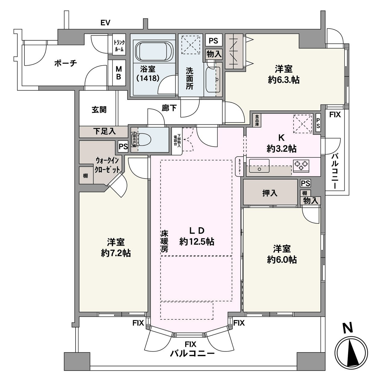 WICや押入れなど室内の随所に収納が備わり、住空間を有効に使える設計です。3部屋が南向きバルコニーに面しており、あたたかな陽光が注ぎます。