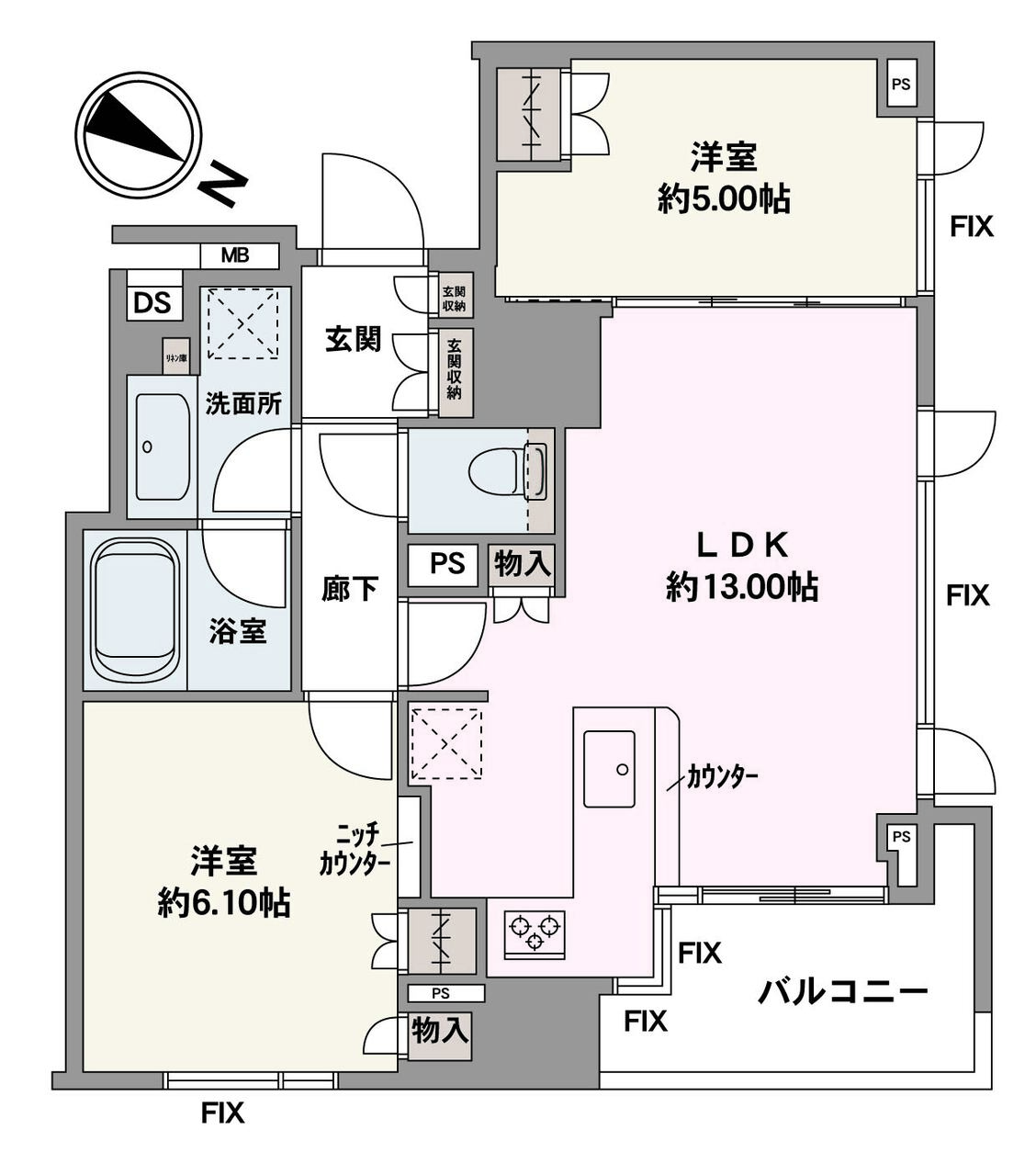 開放感のある角住戸。約13.0帖のLDKは、隣接する洋室の引き戸を開放すると一体利用が可能。動線が短く、効率よく家事を進められるL字型キッチンが採用されています。全居室収納付きです。