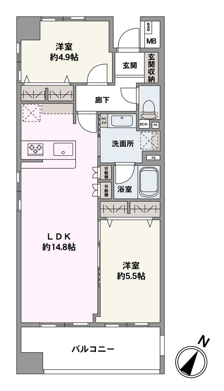 全居室フローリング＋収納スペース付き！LDKは約14.8帖。約5.5帖洋室と一体利用が可能です。キッチンと洗面室が隣接した、家事動線に配慮された間取り設計です。