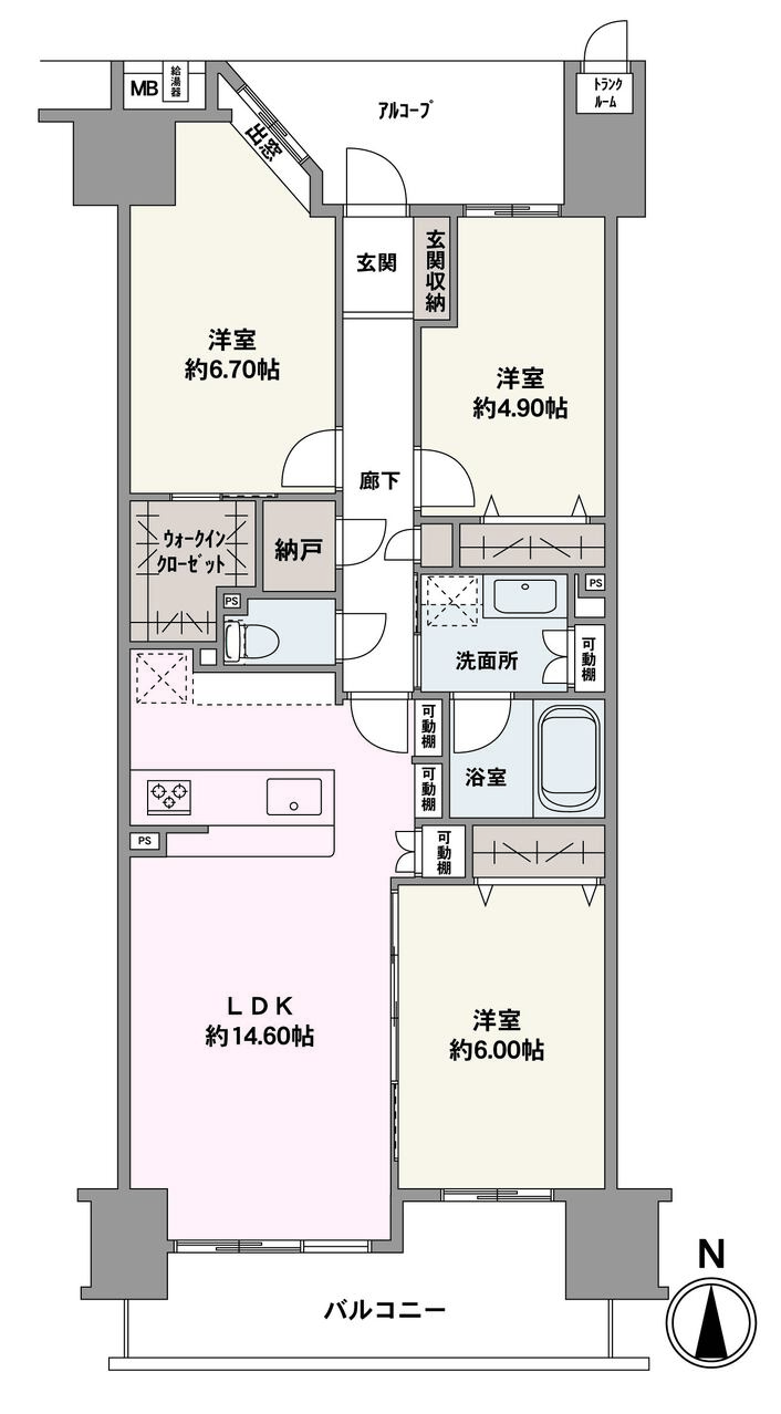 南向きバルコニーに面した、明るく開放的なLDK。隣接する洋室は、シチュエーションに合わせて一体利用可能です。WICや納戸、トランクルームなど、豊富な収納スペースが設けられています。