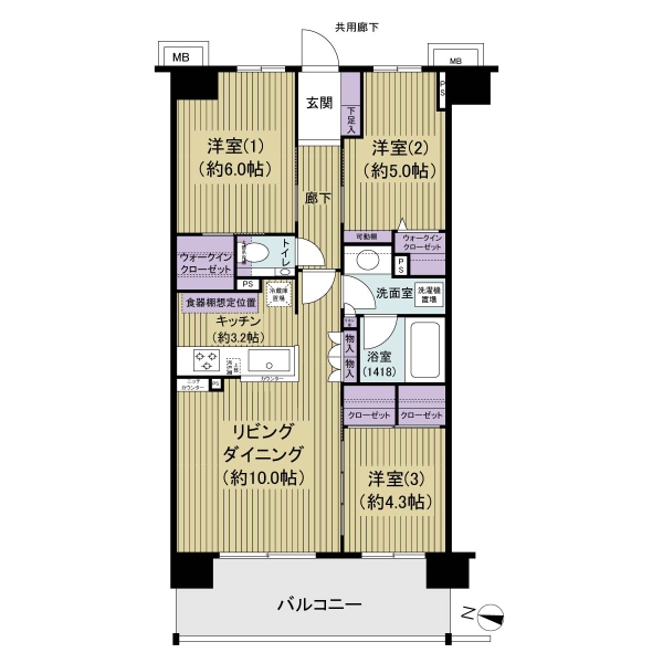 ６５．４０㎡、３LDK住戸