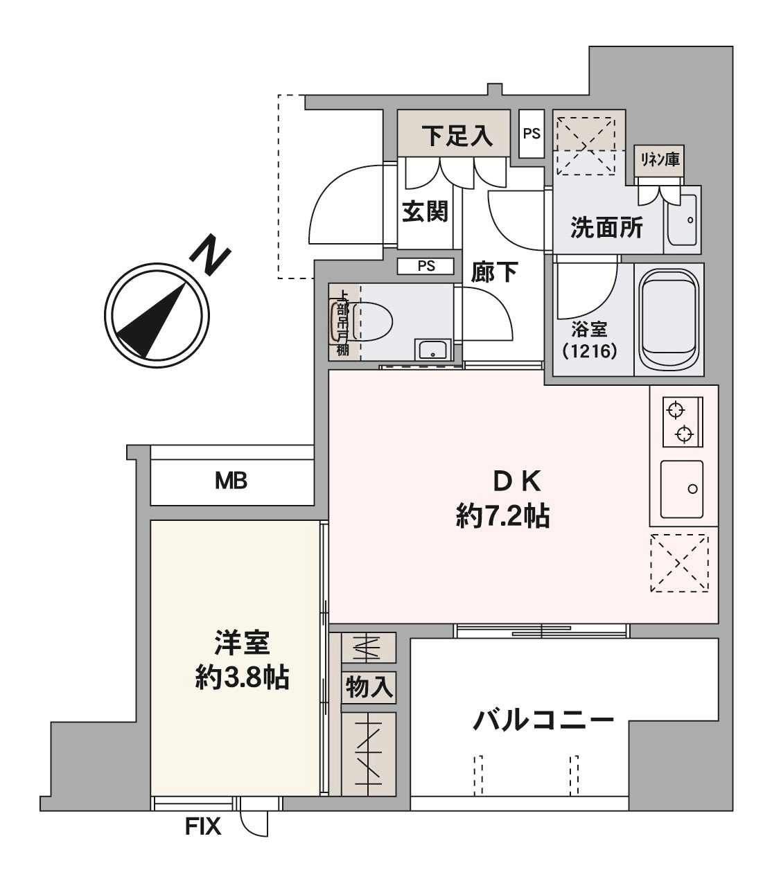 日当たりを確保しやすい南東向きの「1DK」角住戸。浴室換気乾燥機や温水洗浄便座などの設備が整えられている他、リネン庫や物入など、室内の随所に機能的な収納スペースが備わっているのも魅力です。