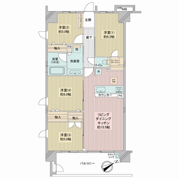 2階、4LDK、80.85㎡、南東向き