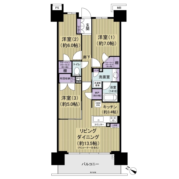 3LDK・オールフローリングプランの間取