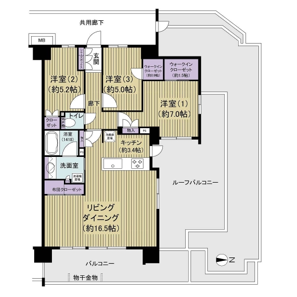 ３LDK、８１平米・５階部分・東と北の角住戸です