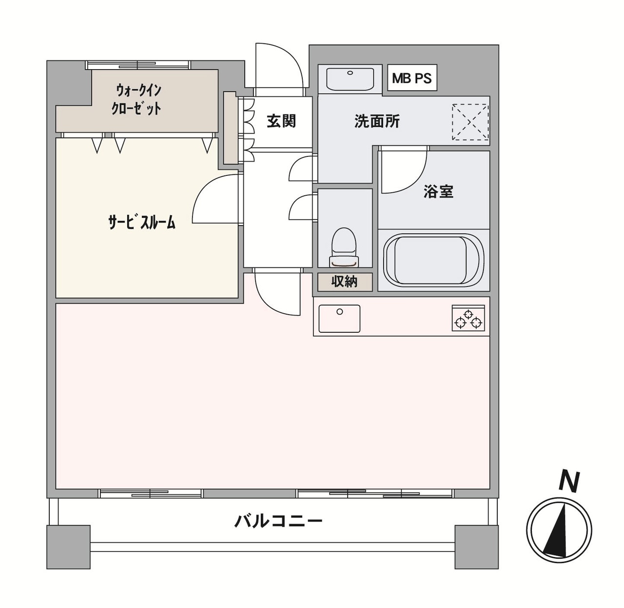 南面バルコニー付きの角住戸。階下への騒音の心配がいらない1階部分。玄関のそばに洗面所があるので、帰宅後すぐに手洗いができて衛生的です。