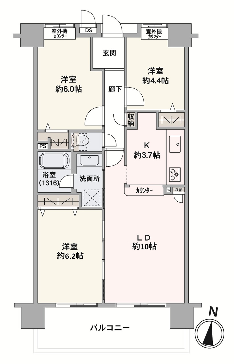 【間取り図】2室に跨る南向きバルコニー付き！LDKは合わせて約13.7帖。全居室収納スペース付きで、住空間を有効活用していただけます。