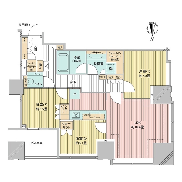 82.46㎡の3LDKプラン、北・西の角部屋