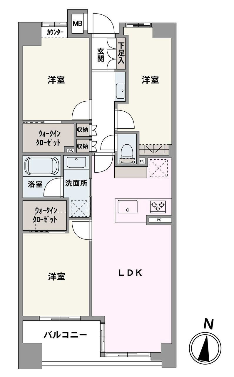 大容量のWICが2か所設けられた、収納豊富な住戸。水回りが集約されているので、家事動線がスムーズな間取り設計です。廊下には、帰宅後すぐに手が洗える洗面台が設けられています。