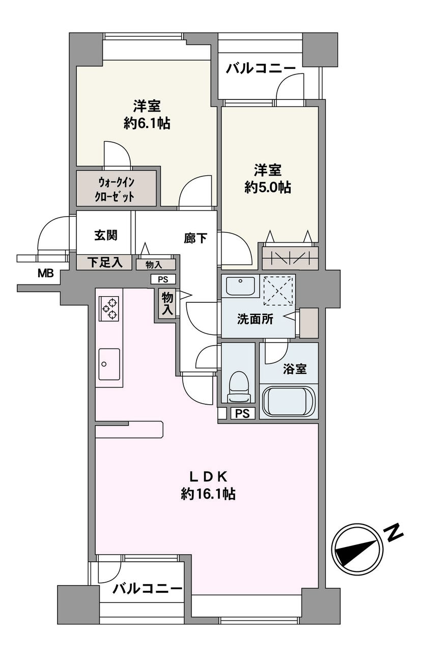随所に収納スペースが備わった「2LDK」の間取り。2面にバルコニーが設けられており、開放感があります。各洋室は独立性の高い振り分けタイプで、プライベート時間も充実させられます。