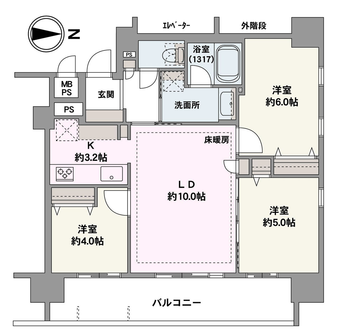 全居室に収納を設けた3LDKの住まい。収納家具を抑えて、住空間を広々と使うことができます。LDKと洋室2部屋が東向きバルコニーに面しています。ペットと一緒に暮らせるマンションです(細則あり)。