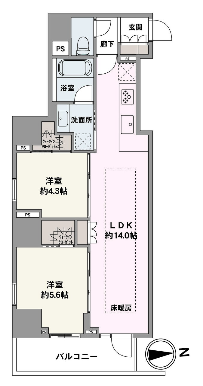 収納力の高いウォークインクローゼットが2か所設けられた、全居室収納付きの住戸。収納家具を最小限に抑え、住空間を広々と使うことができます。水回りが集約されているので、家事動線がスムーズです。