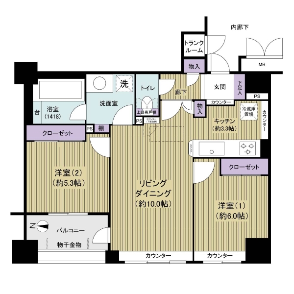 ２ＬＤＫ、５８㎡、眺望良好な１２階部分のお部屋です