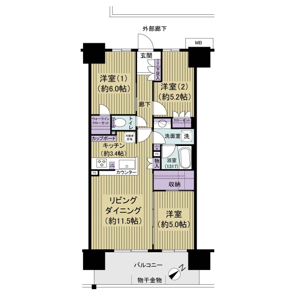 ３ＬＤＫ、専有面積６８㎡、８階部分、南東向きのお部屋