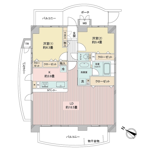 左右隣接住戸無しの2LDKプラン