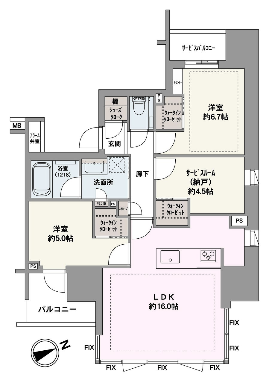 陽当たり・通風良好な角住戸。ご家族との会話が弾む対面式キッチンが採用されています。3つのWICをはじめ、SCなど随所に収納が設けられており、空間を広く確保できます。