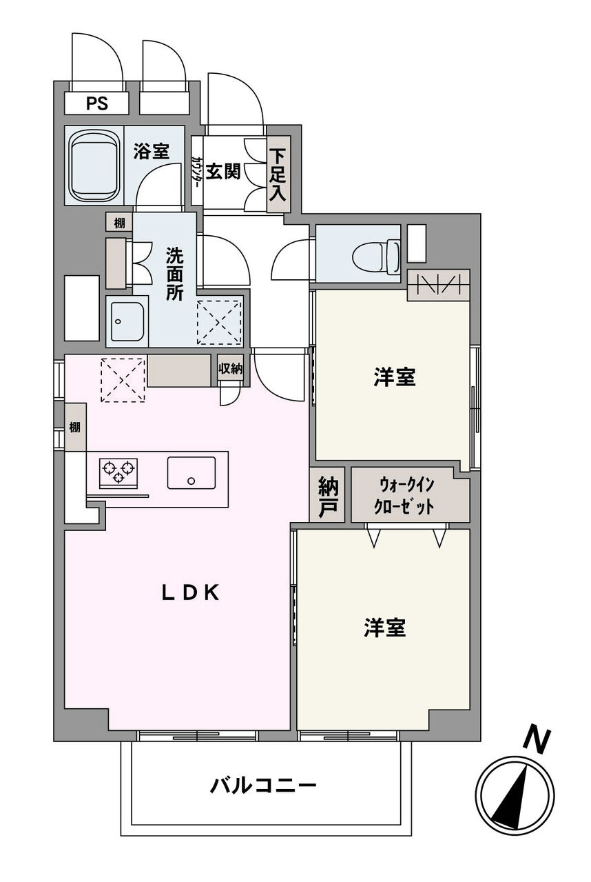 陽当たりを確保しやすい南東向きバルコニーが備わった、2LDKの住まい。全居室収納付きなので、居住スペースをすっきりと保つことができます。