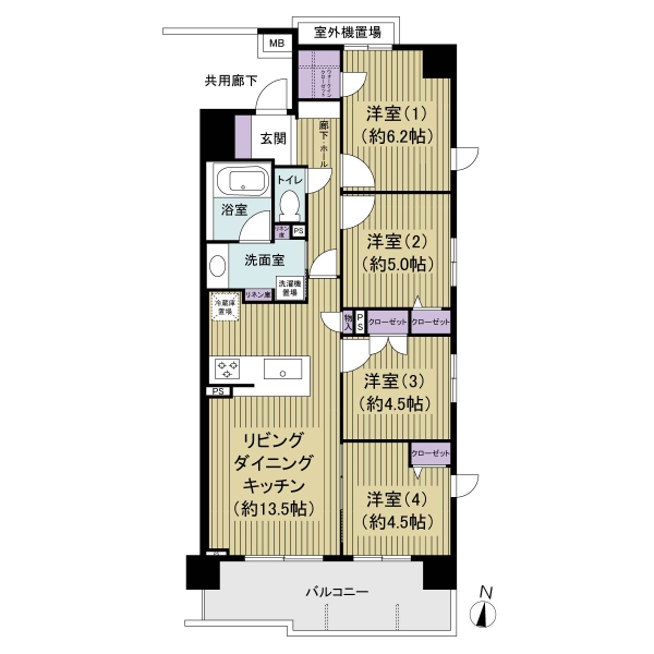 縦に４部屋並ぶファミリータイプの４LDK