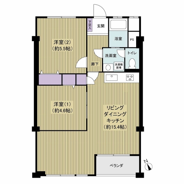 2LDK、58.59㎡の間取り