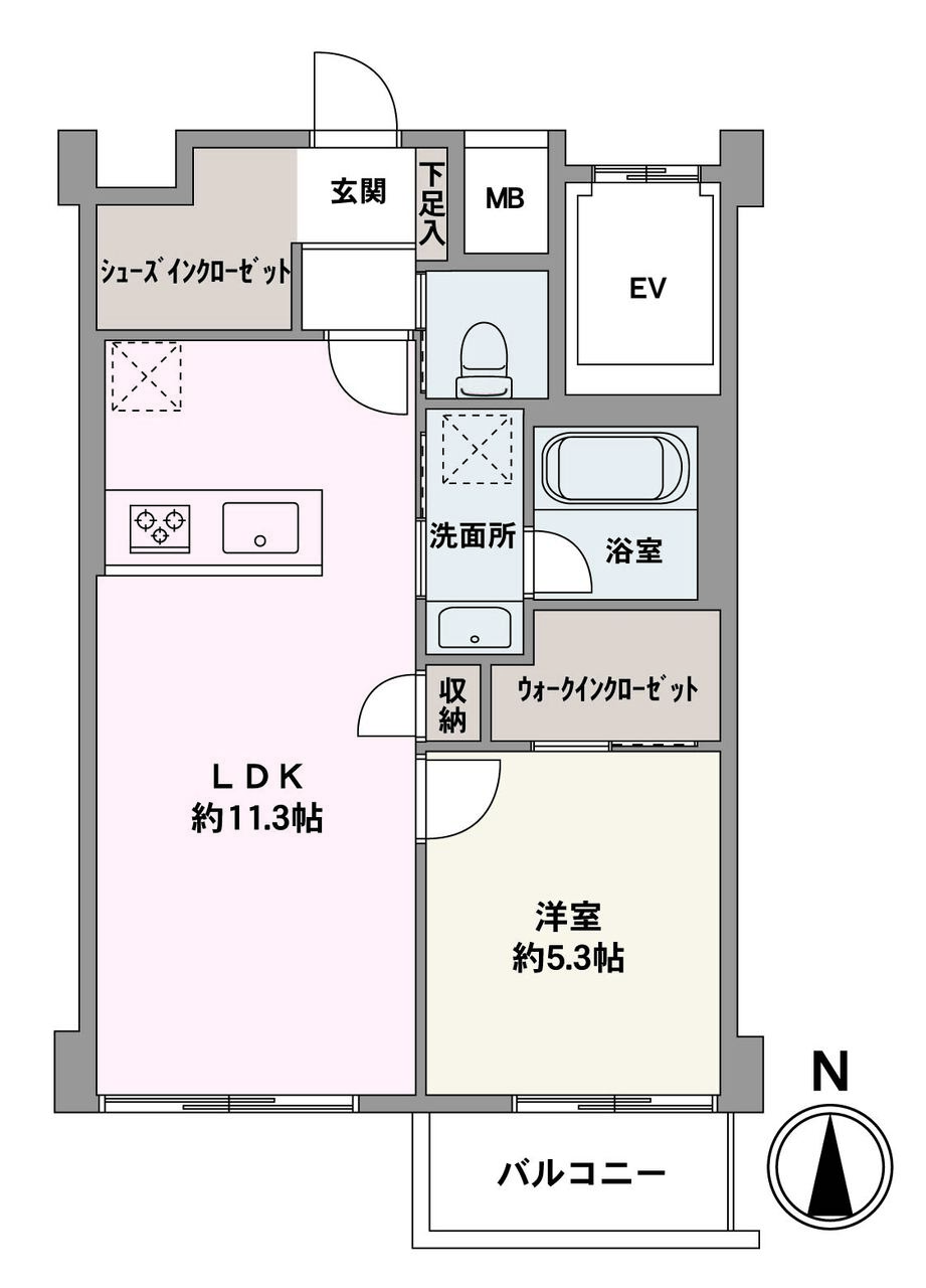 WICとSICが備わっており、収納力が確保された1LDKです。居住空間を広く使うことが可能です。陽当り良好な南側にバルコニーが設けられています。